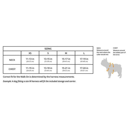 The sizing chart for the K9 Sport Sack Walk-on with Harness & Storage in Anthracite Black is shown against a white background.