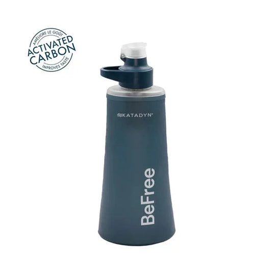 A side view of the Katadyn BeFree Microfilter 1.0L water bottle with a charcoal/graphite color against a white background.