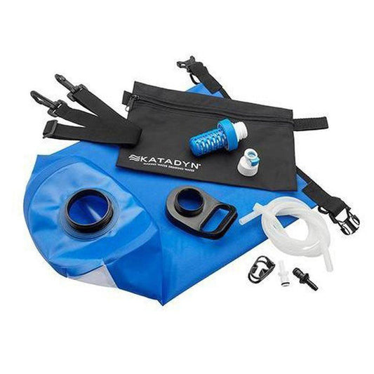 A blue Katadyn Gravity BeFree Microfilter 6L kit laid out on a white background with its accessories.