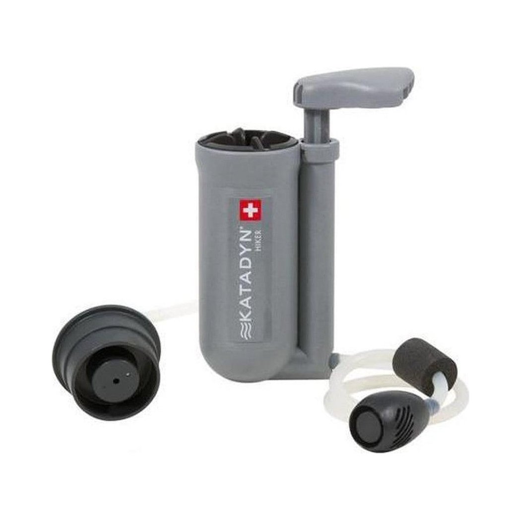 A front view of the Katadyn Hiker Microfilter in Charcoal/Graphite showing the pump handle and attached hose against a white background.