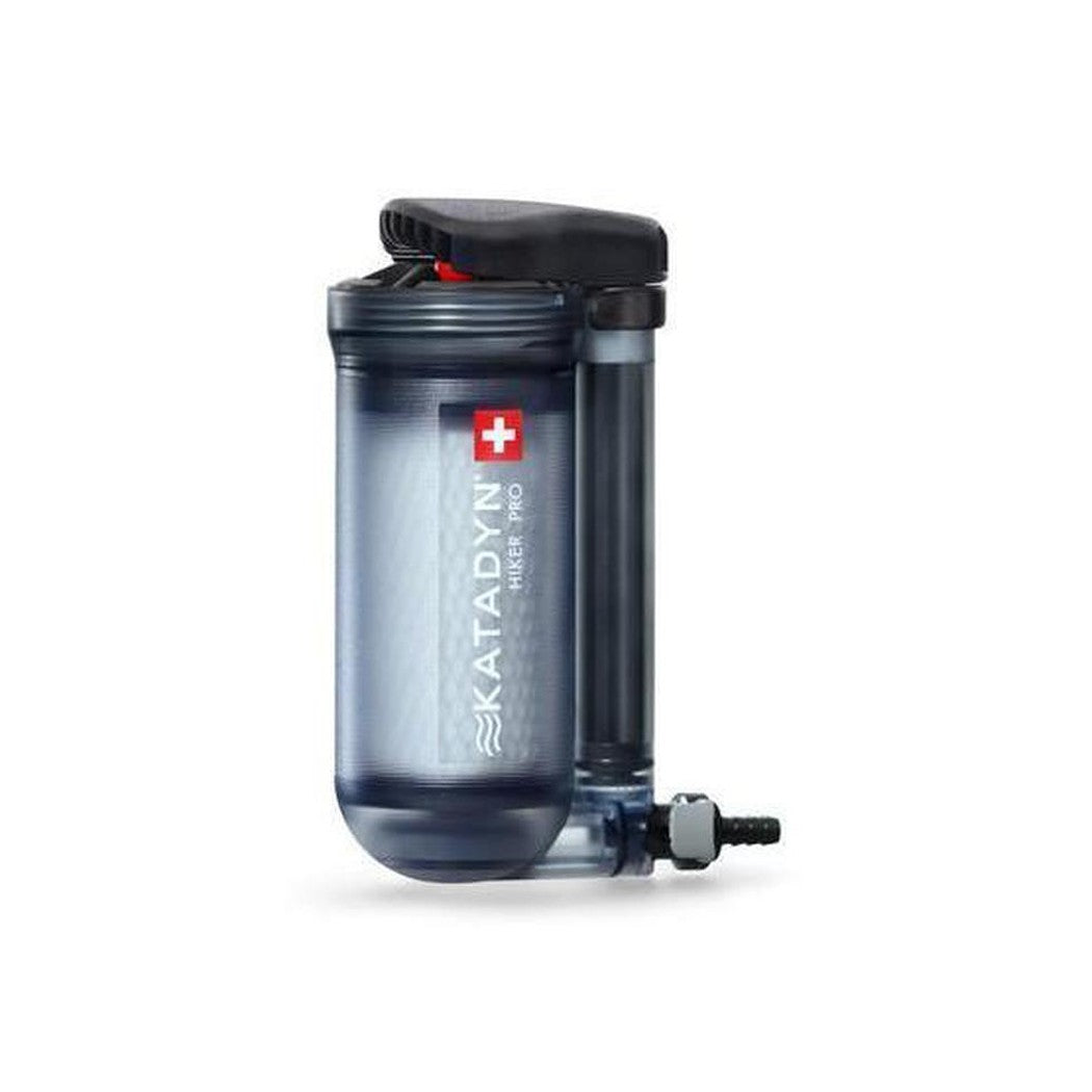 A front view of the Katadyn Hiker PRO Transparent Microfilter with a transparent body and black top against a white background.