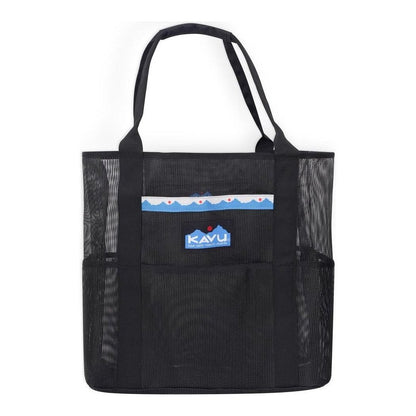 A front view of the Kavu Alder Lake Tote in Black showing the mesh sides and front pocket against a white background.