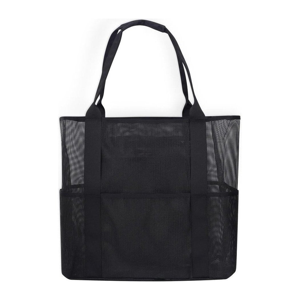 A front view of the Kavu Alder Lake Tote in Black with a mesh pocket and two handles against a white background.