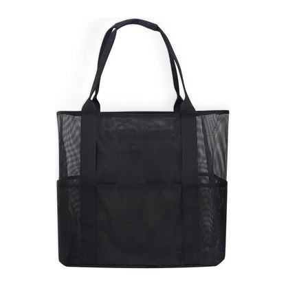 A front view of the Kavu Alder Lake Tote in Black with a mesh pocket and two handles against a white background.