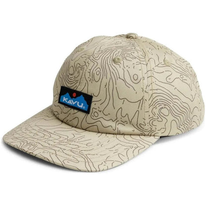 A front view of the Kavu Ballard Classic hat in Terrain Topo with a topographic pattern and a blue Kavu patch on the front panel.