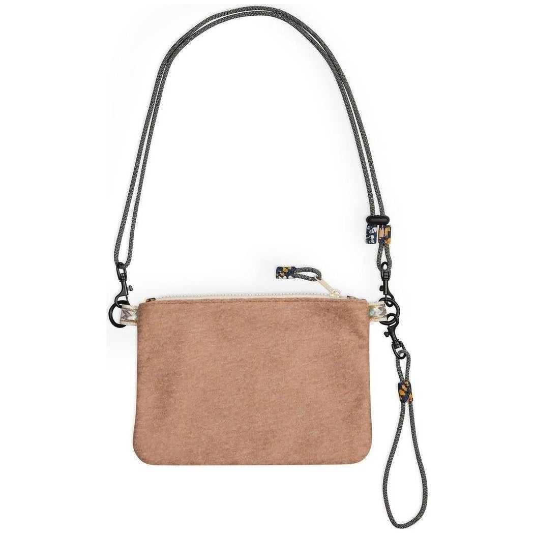 A front view of the Kavu Cozy Cache wallet in Evening Chic with a charcoal strap and zipper pull against a white background.