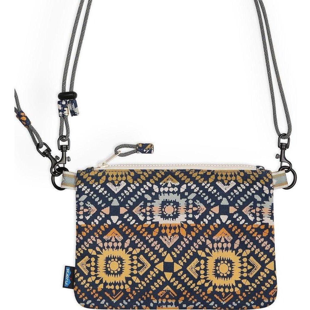 A front view of the Kavu Cozy Cache in Evening Chic showing the patterned design and adjustable strap against a white background.