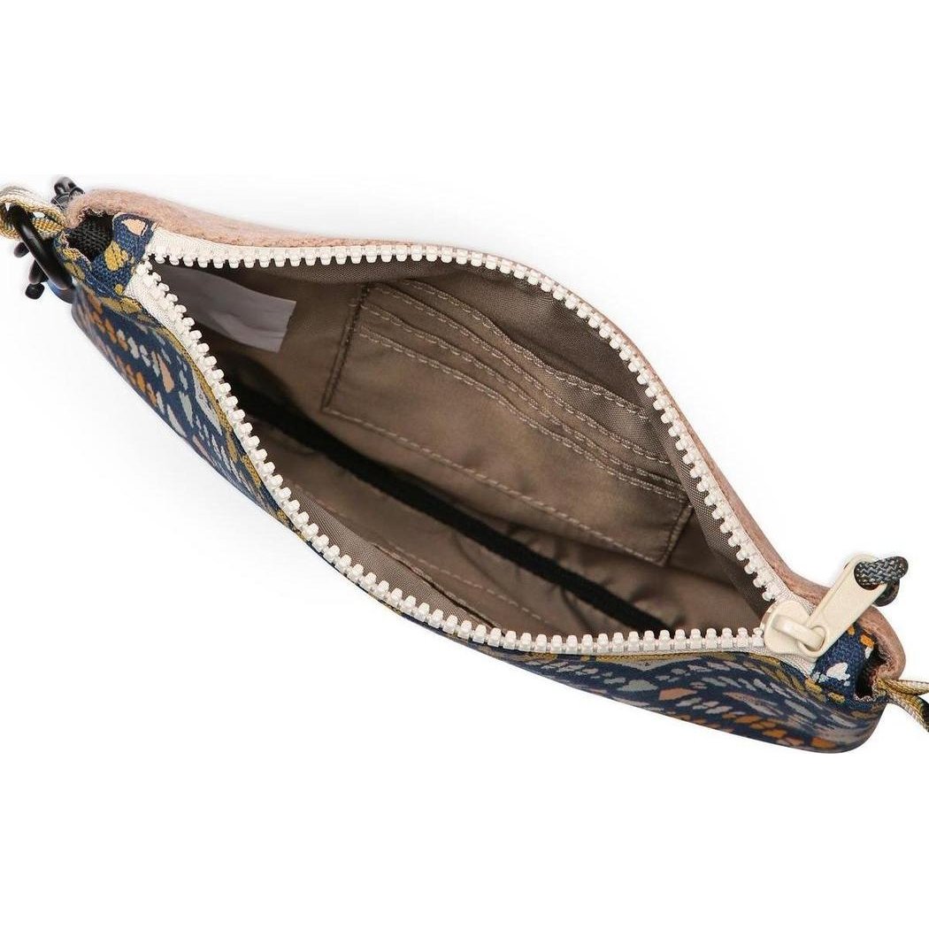 The open Kavu Cozy Cache wallet in Evening Chic color shows its interior and zipper against a white background.