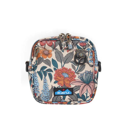 A front view of the Kavu Globetrot in Flower Fields with a floral pattern and a blue Kavu logo on the front, against a white background.