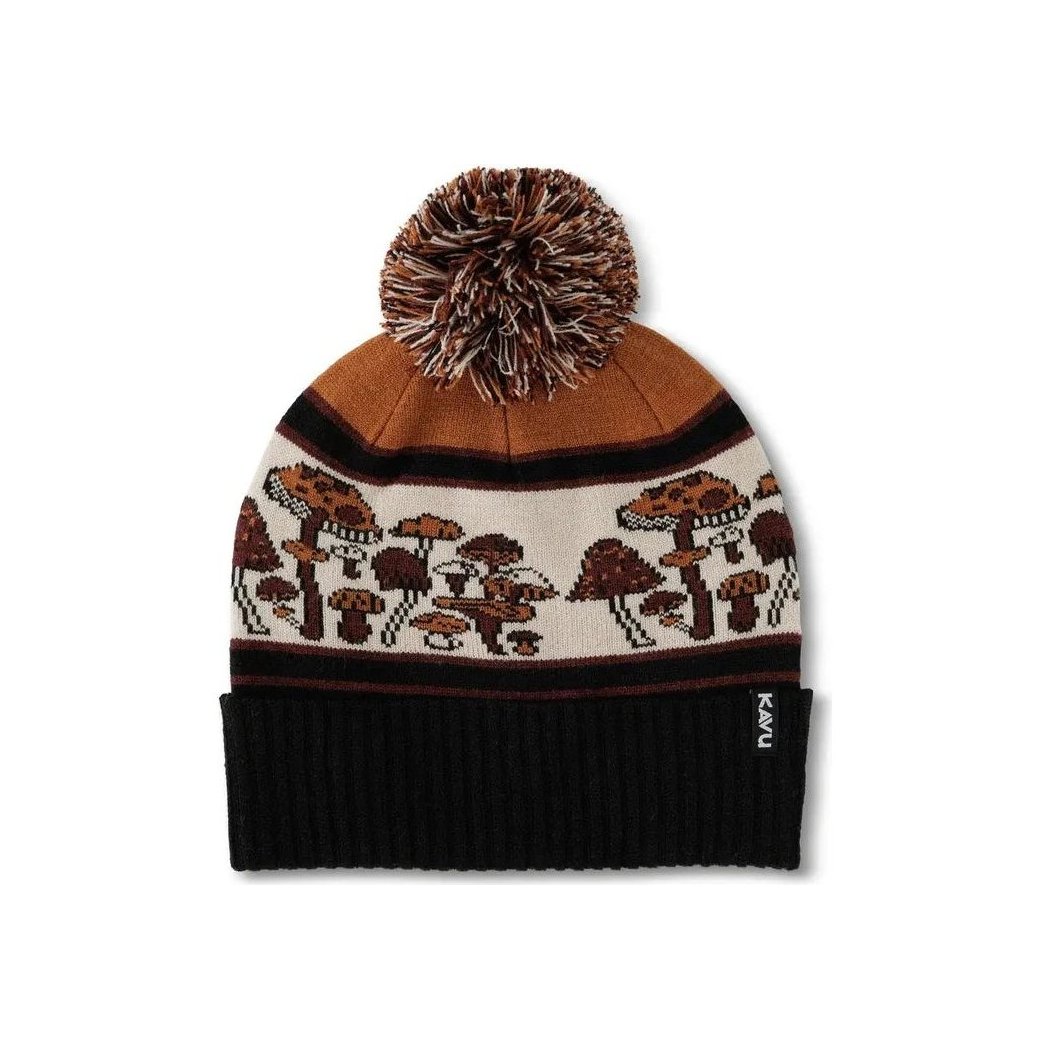 A front view of the Kavu Herschel hat in Mushroom Patch with a pom pom, showing the mushroom pattern and black cuff against a white background.