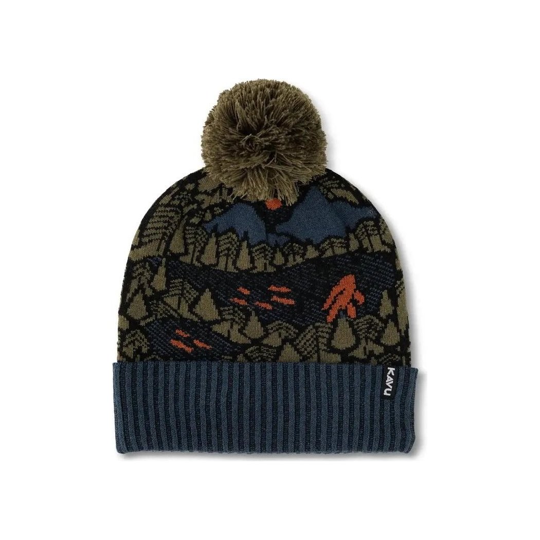 A front view of the Kavu Herschel hat with a mushroom pom pom and mountain pattern against a white background.