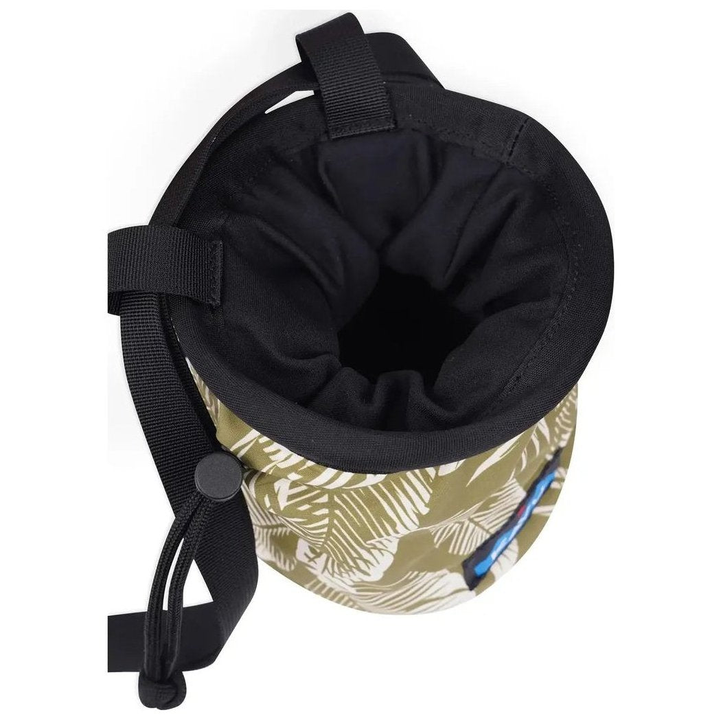A top-down view of the Kavu Keep Climbing chalk bag in Calm Palm with a black interior and adjustable strap.