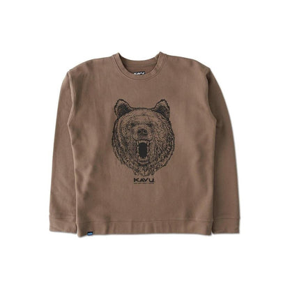 A brown Kavu Men's Core Crew sweatshirt with a bear graphic on the front, photographed from the front against a white background.