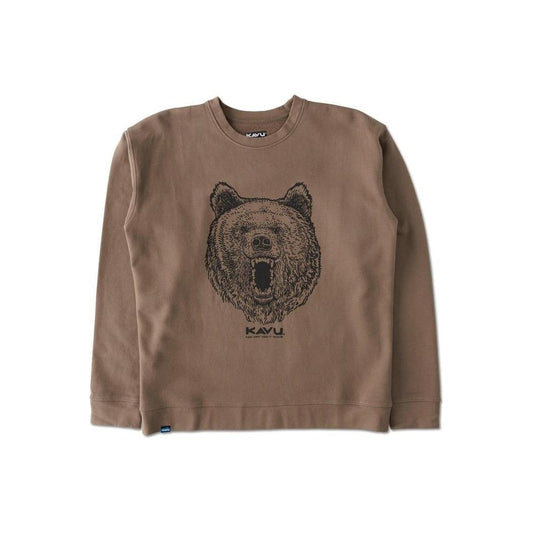 A brown Kavu Men's Core Crew sweatshirt with a bear graphic on the front, photographed from the front against a white background.
