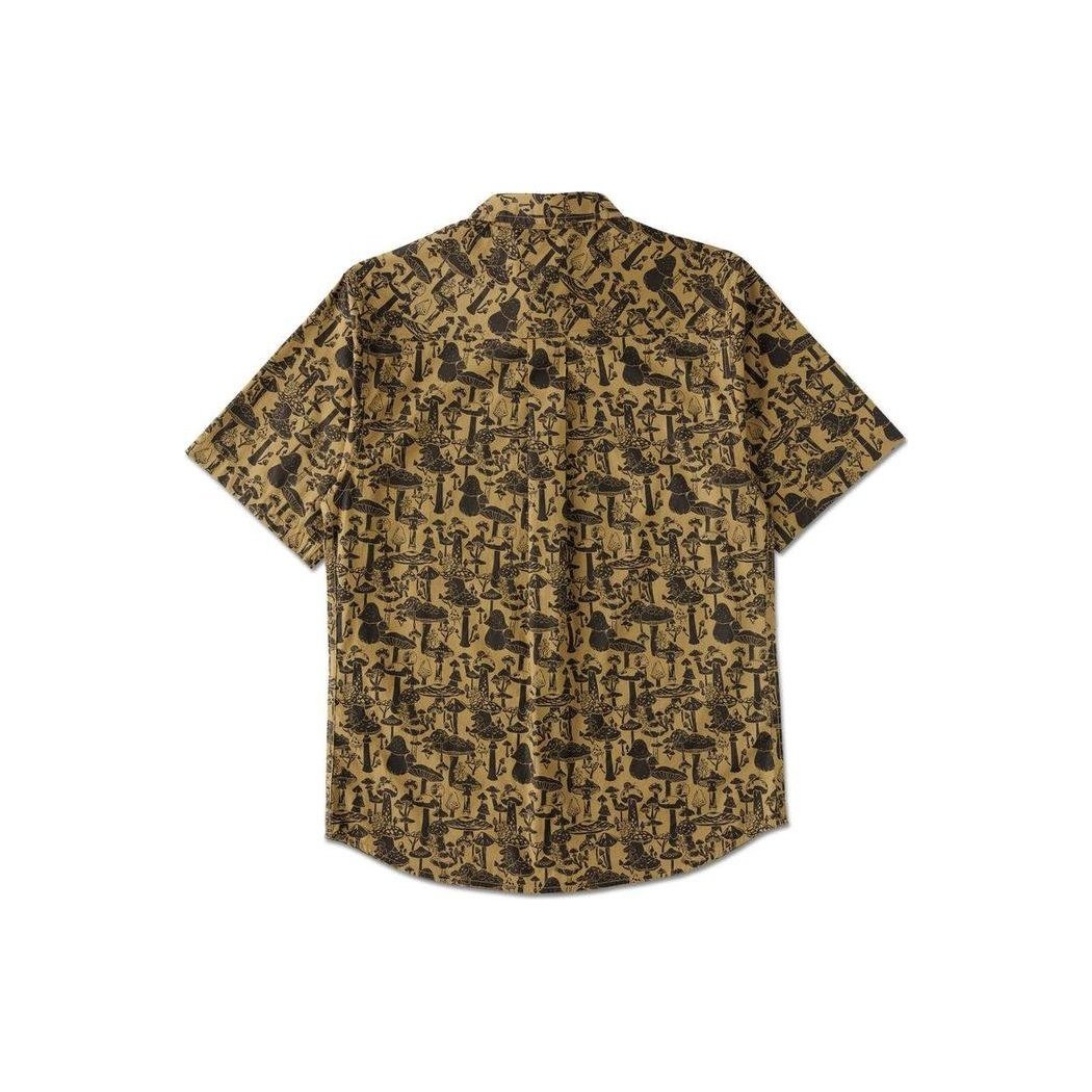 Back view of the Kavu Men's Festaruski in Naturally Lost At Sea showing the short sleeves and patterned design against a white background.