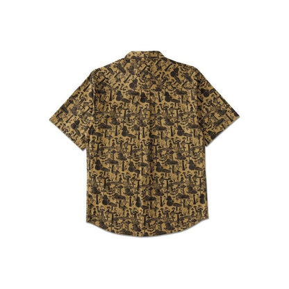 Back view of the Kavu Men's Festaruski in Naturally Lost At Sea showing the short sleeves and patterned design against a white background.