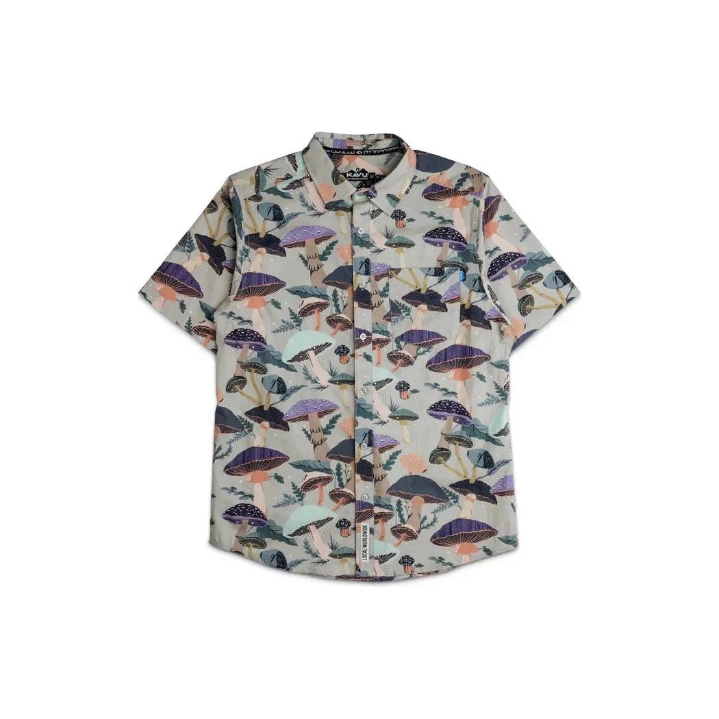 A front view of the Kavu Men's Festaruski shirt in Naturally Lost At Sea with a white background.
