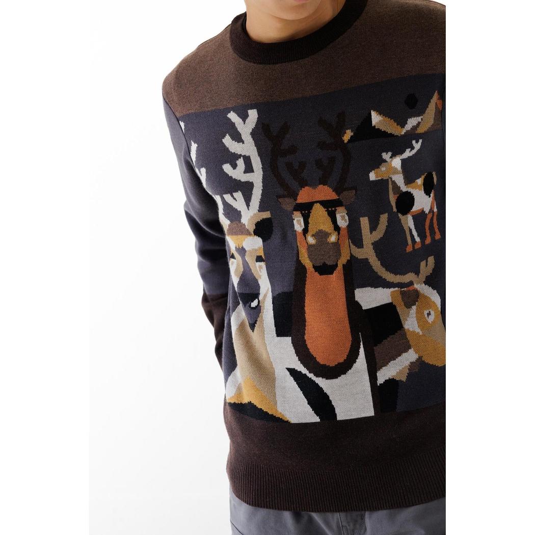 A front view of the Kavu Men's Highline "Deer Me" sweater on a model against a white background.