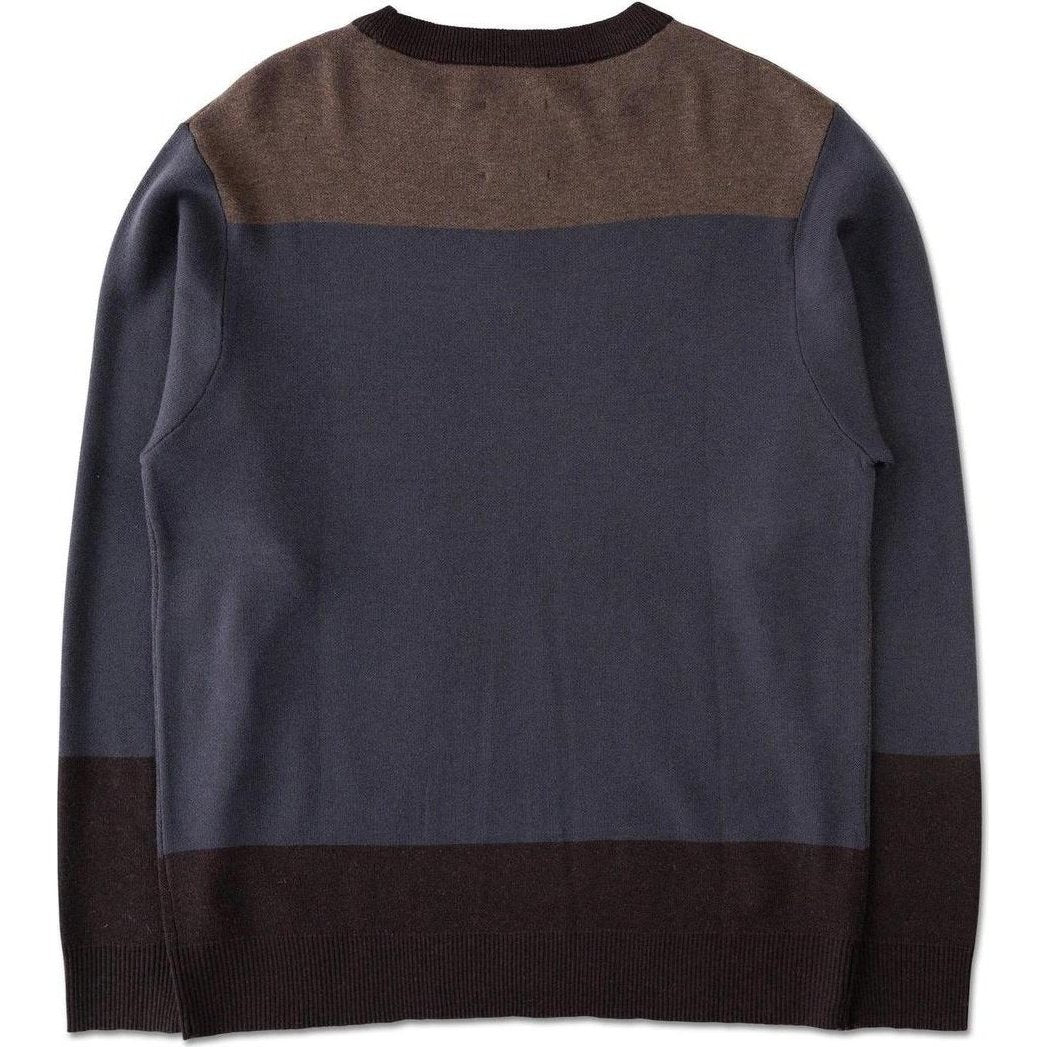 Back view of the Kavu Men's Highline sweater in Deer Me with color blocks and ribbed cuffs.