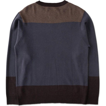 Back view of the Kavu Men's Highline sweater in Deer Me with color blocks and ribbed cuffs.