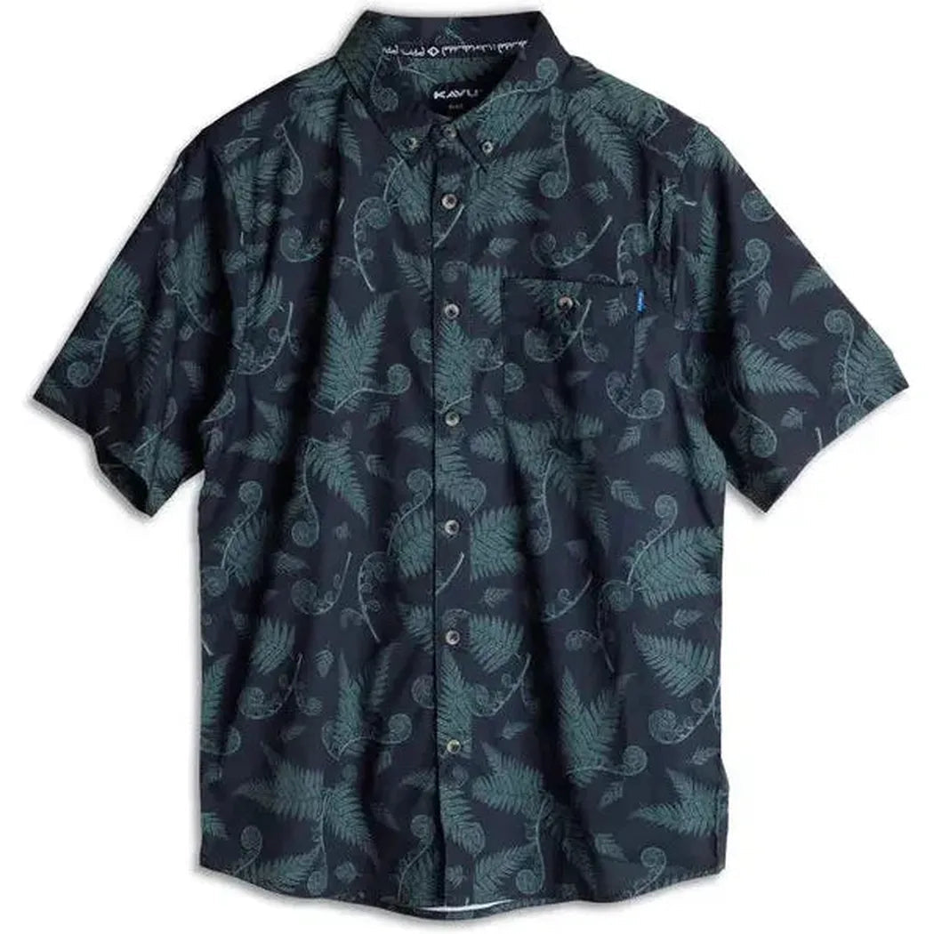A front view of the Kavu Men's River Wrangler in Fiddlehead with a fern pattern and chest pocket.