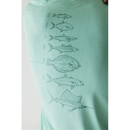 Back view of the Kavu Men's Sunday Crew in Jelly Mint showing fish illustrations on the back against a light background.