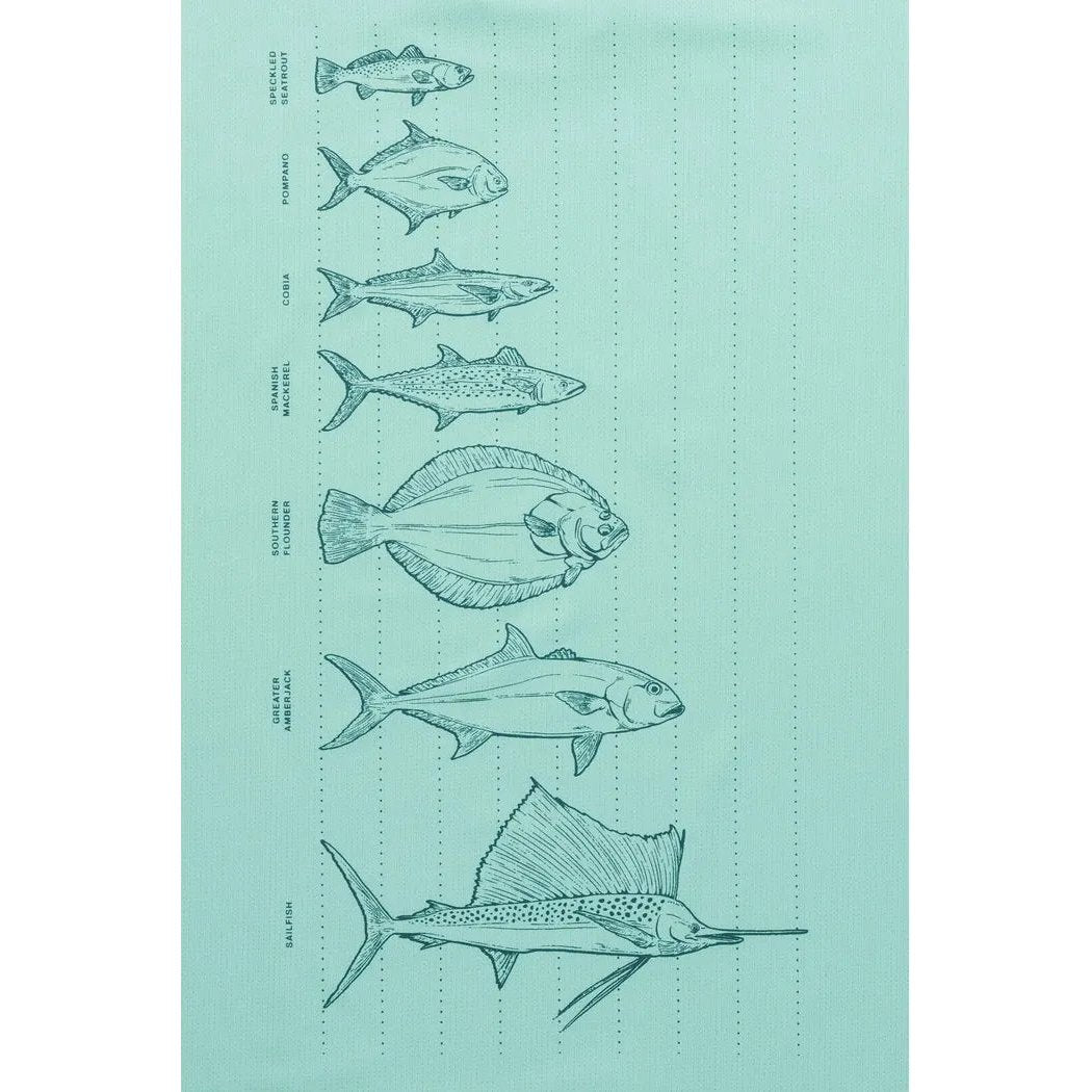 A line drawing of various fish in Jelly Mint color on a light background.