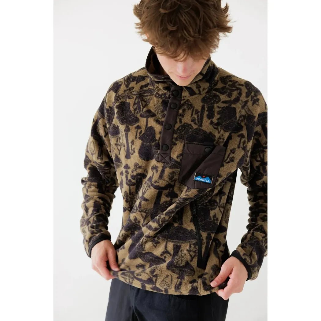 A front view of the Kavu Men's Teannaway in Highland Camp showing the chest pocket and model wearing it against a white background.