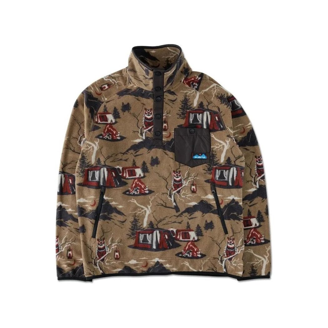 A front view of the Kavu Men's Teannaway in Highland Camp showing the high collar, chest pocket, and camping-themed print against a white background.