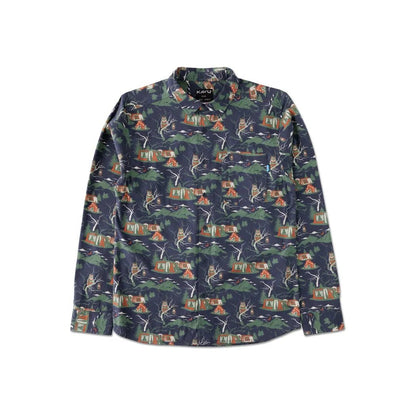 A front view of the Kavu Men's Westerly shirt in Woodland Camp color showing the camp-themed print against a white background.