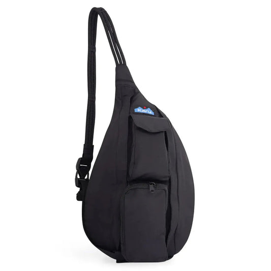 Side view of the Kavu Mini Slingback in Black showing the front pocket and adjustable strap against a white background.