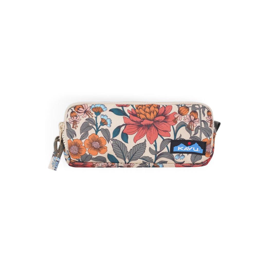 A front view of the Kavu Out Pouch in Flower Fields showing the floral pattern and zipper pull against a white background.