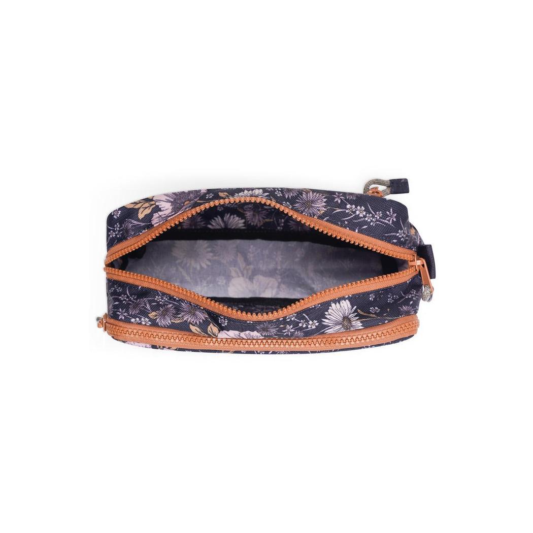 The Kavu Out Pouch in Flower Fields color is shown from a top-down angle with its zipper open, revealing the interior against a white background.