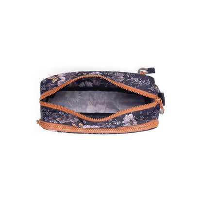 The Kavu Out Pouch in Flower Fields color is shown from a top-down angle with its zipper open, revealing the interior against a white background.