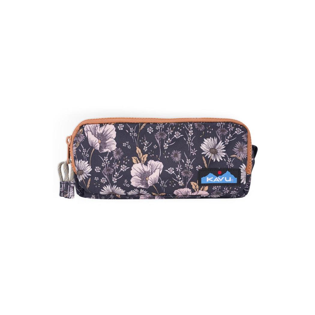 A front view of the Kavu Out Pouch in Flower Fields with a floral pattern and a blue Kavu logo on the front.
