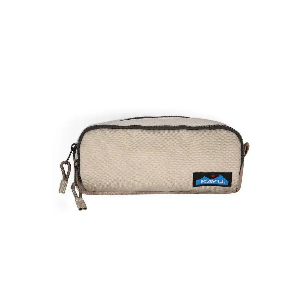 A front view of the Kavu Out Pouch in Flower Fields with a blue Kavu logo and zipper pulls against a white background.