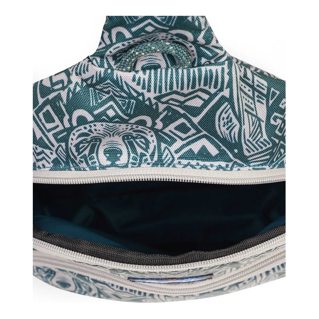 The Frosty Foliage Kavu Pender Pack is shown from the top with its zippered opening visible against a white background.