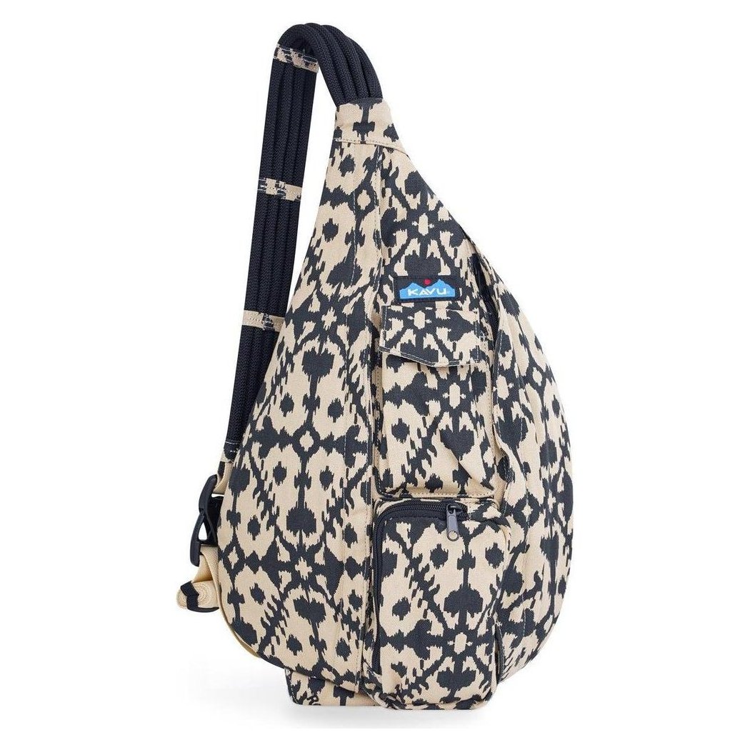 Side view of the Kavu Rope Bag in Camp Vides showing the front pocket and black shoulder strap against a white background.