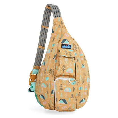 Side view of the Kavu Rope Bag in Camp Vides showing the front pocket and adjustable strap against a white background.