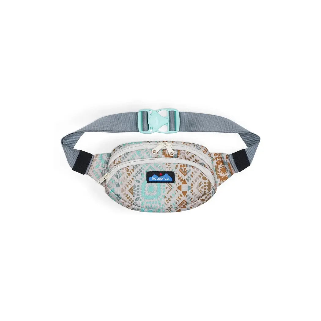 A front view of the Kavu Spectator Valley Trail fanny pack with a gray adjustable strap and a patterned front pocket against a white background.