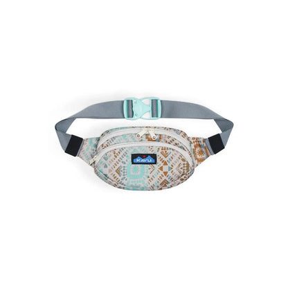 A front view of the Kavu Spectator Valley Trail fanny pack with a gray adjustable strap and a patterned front pocket against a white background.