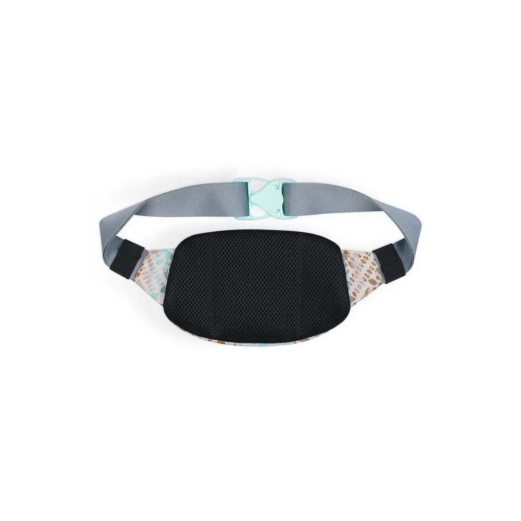 A top-down view of the Kavu Spectator Valley Trail waist pack with a black mesh pocket and gray straps against a white background.