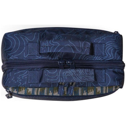 Top-down view of the Kavu Take In Tow in Ground Cover showing the top zipper and patterned interior lining.
