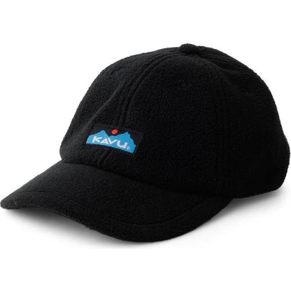 A black Kavu Toasty Topper hat with a blue logo patch on the front, shown from a front angle against a white background.