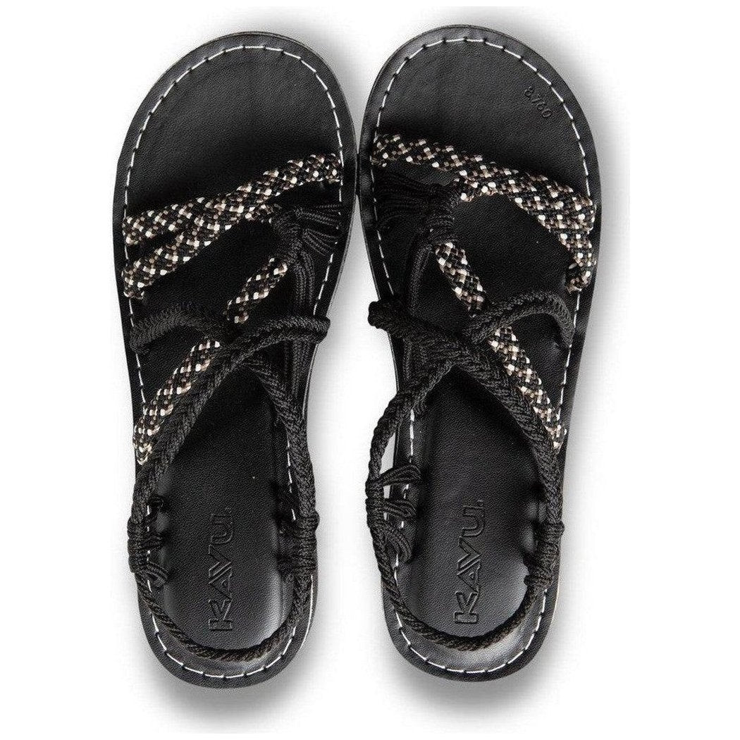 Top view of the Kavu Women's Alderbrooke sandals in Pavement color showing the braided straps and black laces against a white background.