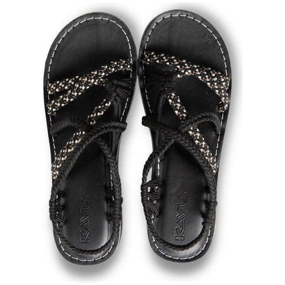 Top view of the Kavu Women's Alderbrooke sandals in Pavement color showing the braided straps and black laces against a white background.