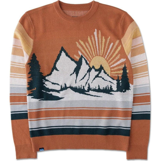 A front view of the Kavu Women's Hillrose sweater in Mushroom Patch showing the mountain and sun design against a white background.