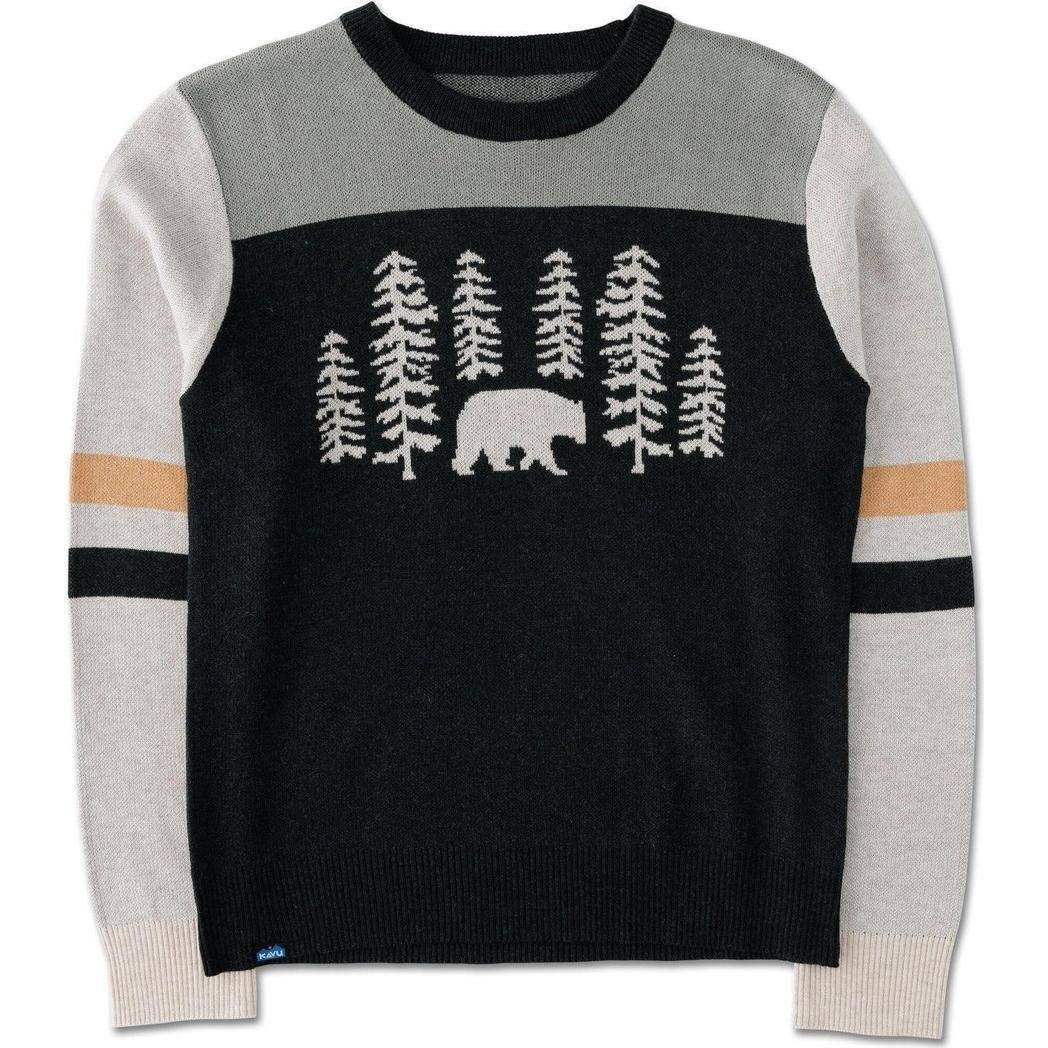A front view of the Kavu Women's Hillrose sweater in Mushroom Patch showing the bear and tree design on a black body with gray and light gray sleeves.