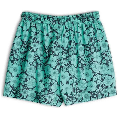 Women's Kavu Nosara shorts in Green Bloom with an elastic waistband, shown from the front against a white background.