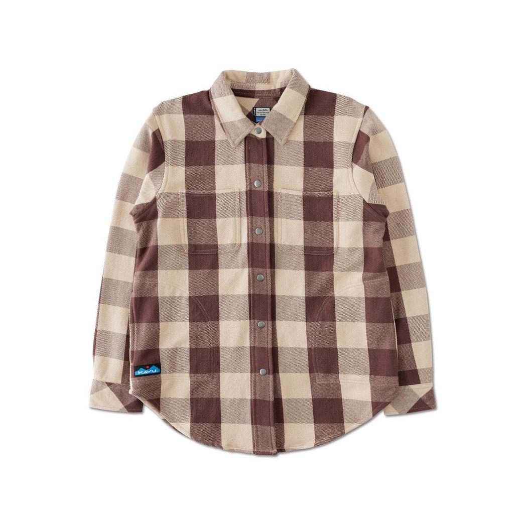A front view of the Kavu Women's Wren in Plateau Trail showing the plaid pattern and chest pocket against a white background.